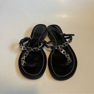 Tory Burch Black Sandals with Silver Chain Detail